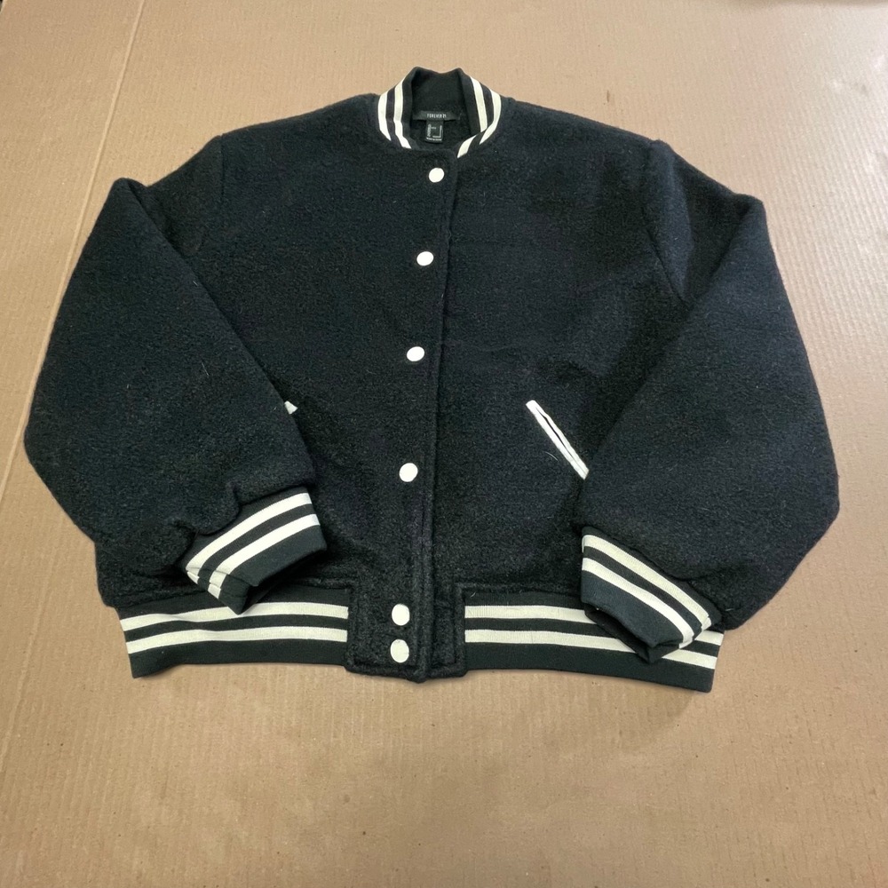 Forever 21 Womens Size L Black Bouclé Varsity Striped Bomber Jacket Snap-Buttons